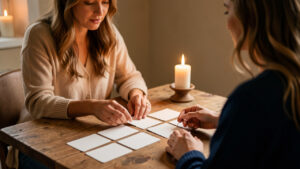 Une femme dispose des cartes vierges sur une table avant un échange calme avec une autre femme, évoquant le consentement et les limites personnelles.