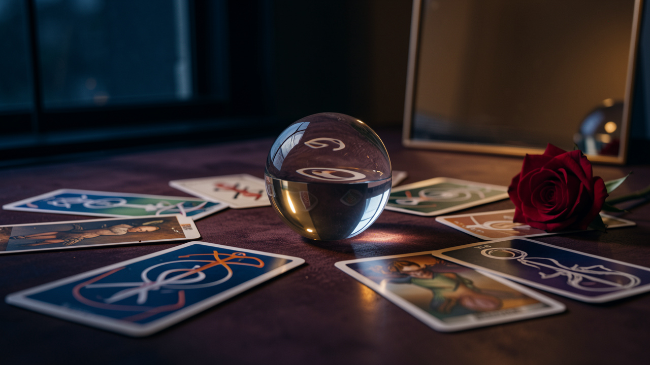 Boule de cristal entre deux chemins divergents, cartes abstraites, rose brisée et reflets symbolisant des prédictions contradictoires après une rupture.