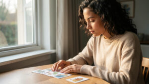 Une jeune femme réfléchie pose des cartes illustrées face cachée sur une table, dans une pièce baignée de lumière, évoquant le calme et la prise de recul.