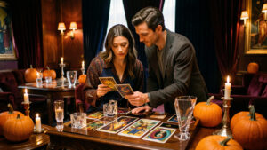 Salon ésotérique chaleureux au Rove, avec une femme et un homme consultant des cartes symboliques et des objets mystiques dans une ambiance élégante d’Halloween.