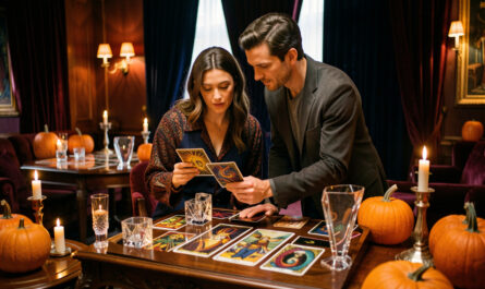 Salon ésotérique chaleureux au Rove, avec une femme et un homme consultant des cartes symboliques et des objets mystiques dans une ambiance élégante d’Halloween.